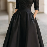 Sukienka Midi z Satyny w Stylu Vintage z Drapowanym Kołnierzem