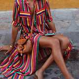 Casual Striped Printed Shirt Maxi Skirt