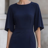 Elegancka Midi Sukienka z Rękawem Nietoperza w Kolorze Granatowym