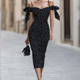 Sukienka Midi Bodycon Off-Shoulder z Akcentami Wstążek w Groszki