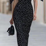 Sukienka Midi Bodycon Off-Shoulder z Akcentami Wstążek w Groszki
