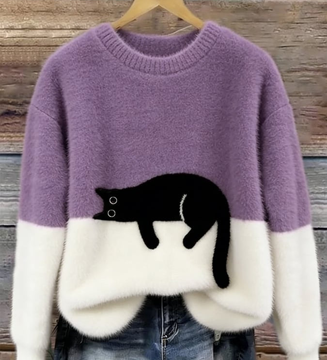 Inez | Sweter z Motywem Kota z Mieszanki Welny