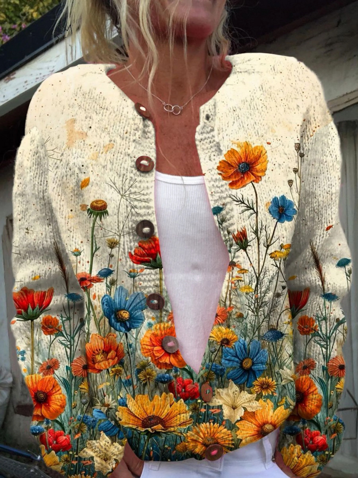 Tansy | Sweter Rozpinany z Kwiatowym Nadrukiem Vintage