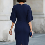 Elegancka Midi Sukienka z Rękawem Nietoperza w Kolorze Granatowym