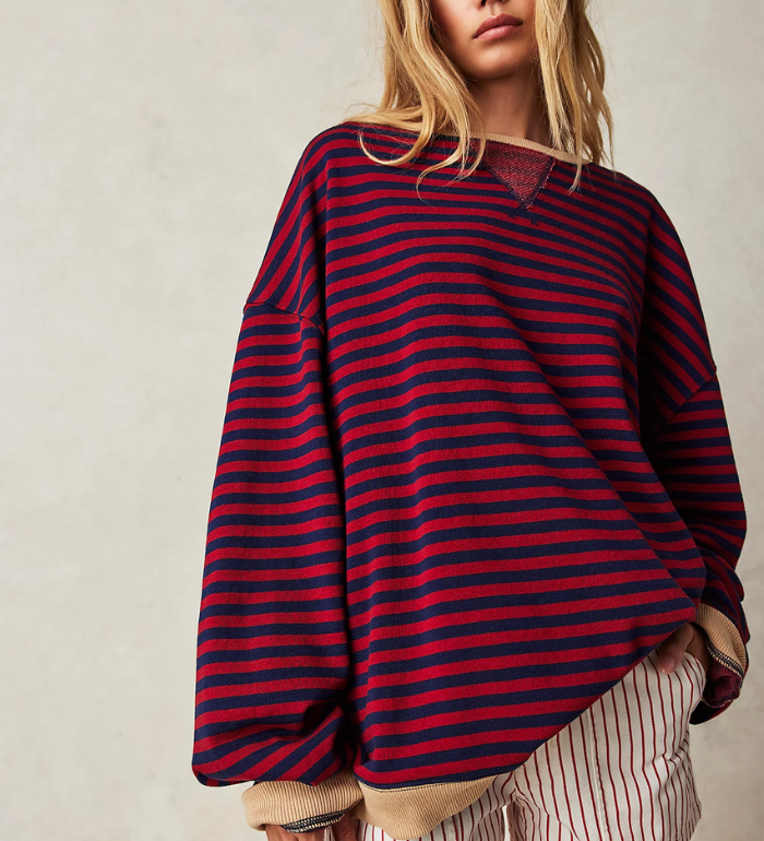 Pola | Oversizowy Sweter w Paski z Rekawami Nietoperz