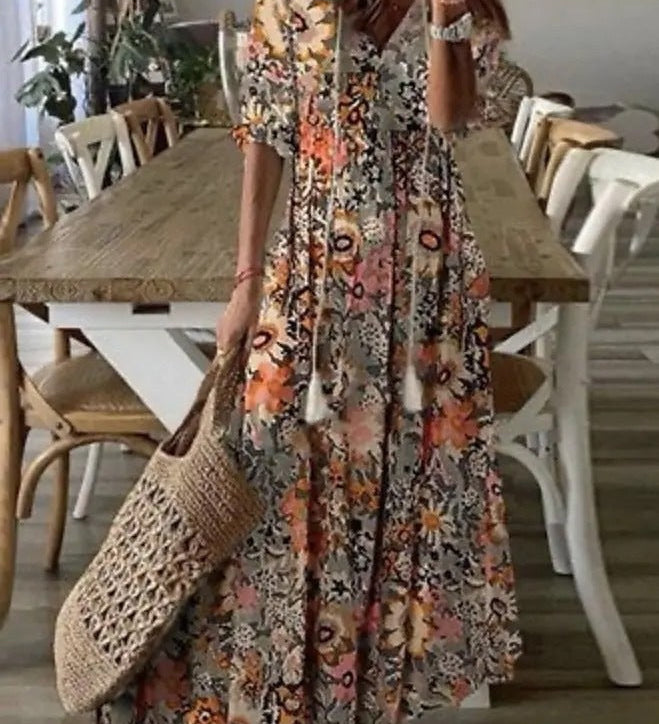 Casual Luźna Sukienka Maxi z Dekoltem w Serek