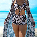 Krystyna – Trzyczęściowy Zestaw Bikini z Nadrukiem