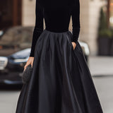 Elegancka Czarna Sukienka Midi z Aksamitą i Satyną