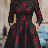 Elegancka Midi Sukienka z Wzorem Róż w Żakardzie