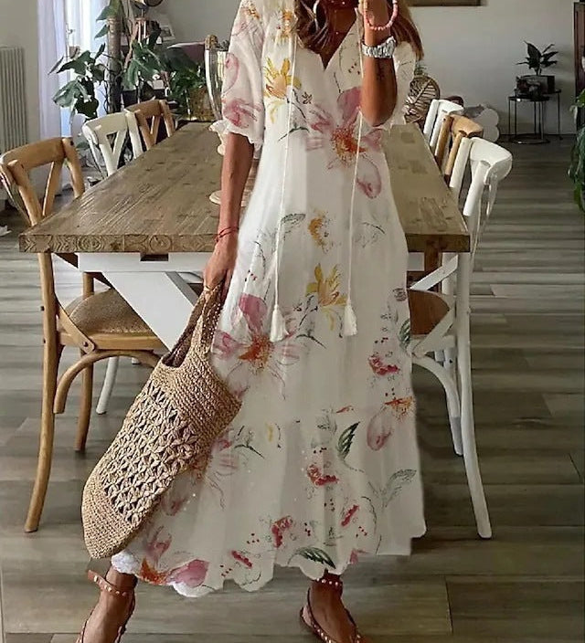 Casual Luźna Sukienka Maxi z Dekoltem w Serek