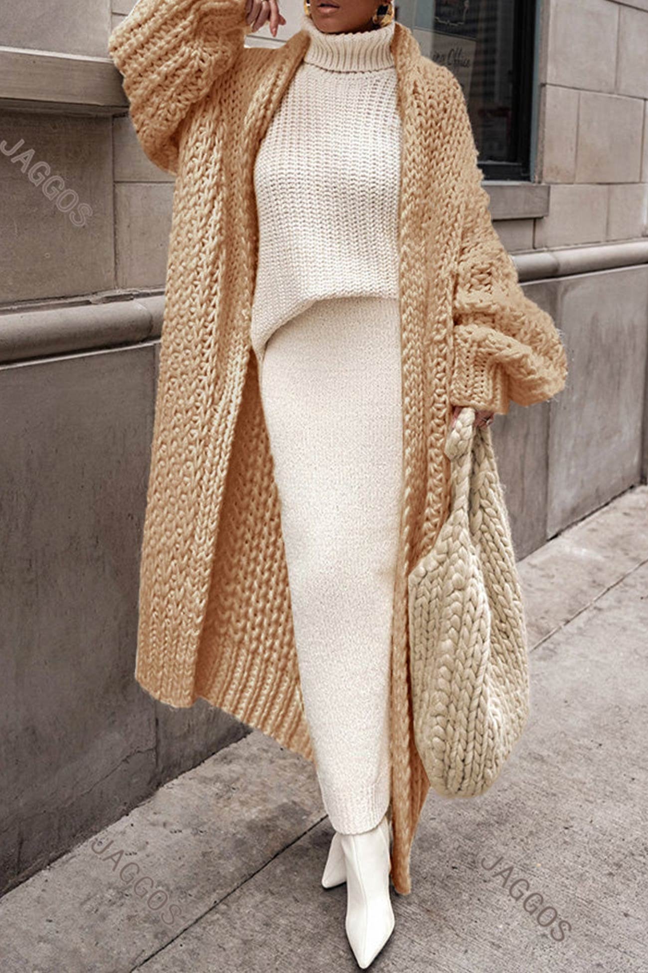 Genowefa | Dlugi, Elegancki Kardigan z Dzianiny z Otwartym Kolnierzem