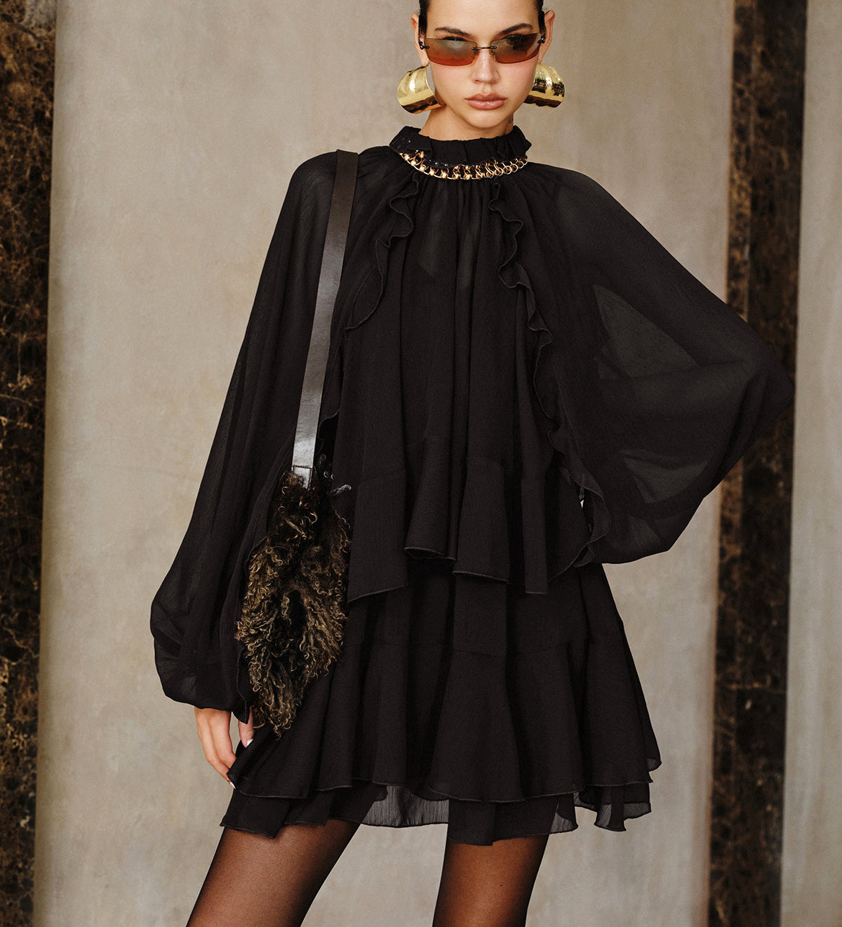 Zestaw Mini Sukienki z Tiered Ruffle Chiffon z Podszewką