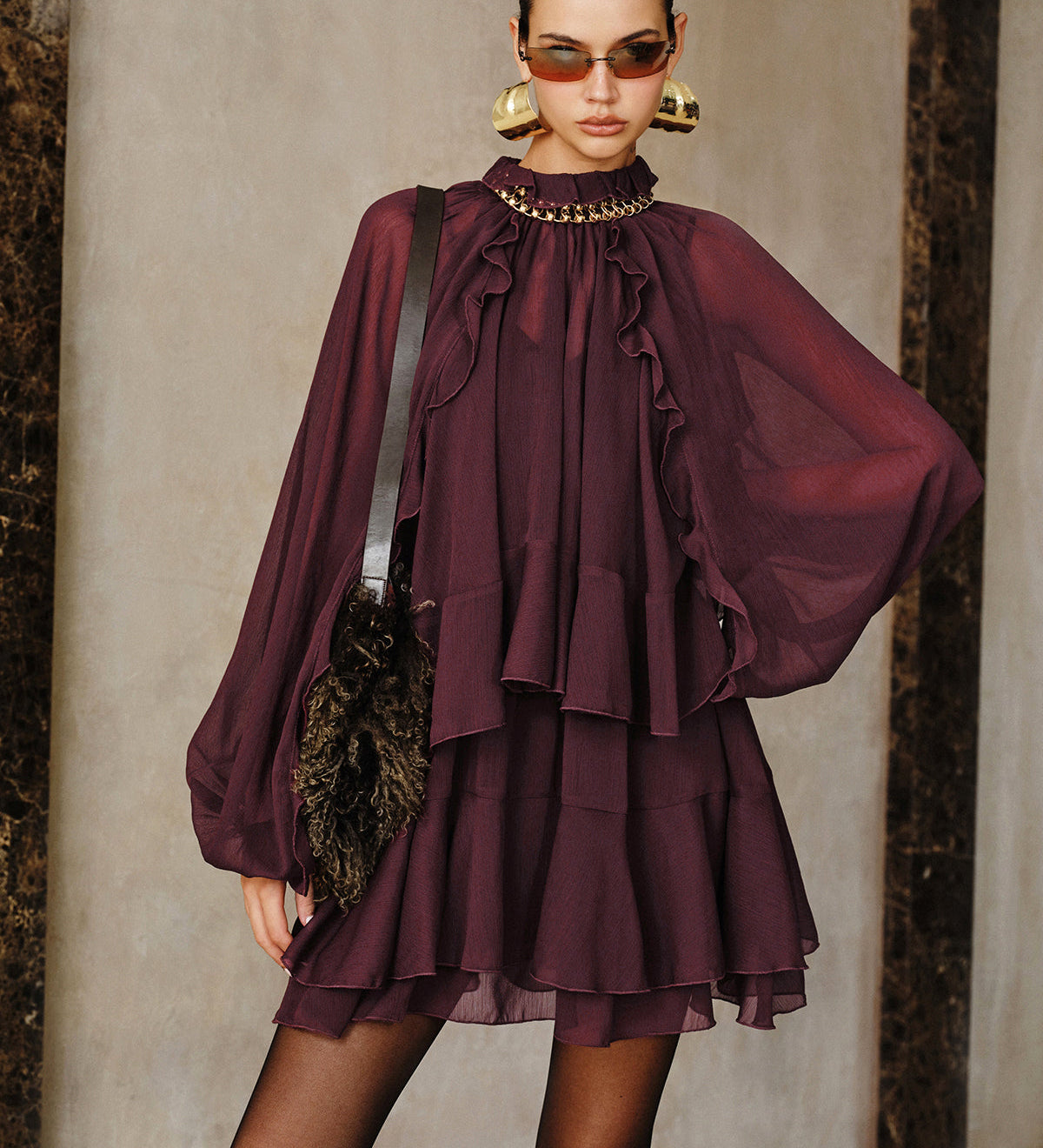 Zestaw Mini Sukienki z Tiered Ruffle Chiffon z Podszewką