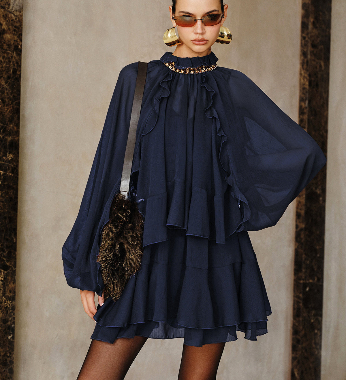 Zestaw Mini Sukienki z Tiered Ruffle Chiffon z Podszewką