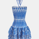 Halter Smocked Embroidered Layered Mini Dress