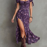 Boho Smocked Kwiatowa Sukienka Midi z Bufiastymi Rękawami