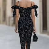 Sukienka Midi Bodycon Off-Shoulder z Akcentami Wstążek w Groszki