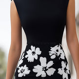 Elegancka Sukienka Midi Bodycon w Kwiatowy Wzór z Kolorowym Blokiem