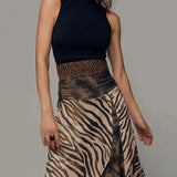 Vintage Zebra Print Patchwork Bez Rękawów Midi Sukienka