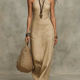 Sukienka maxi z dekoltem halter w stylu soft drape z faux lnu