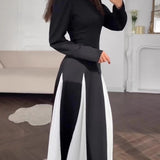 Elegancka czarno-biała sukienka maxi z okrągłym dekoltem i długim rękawem