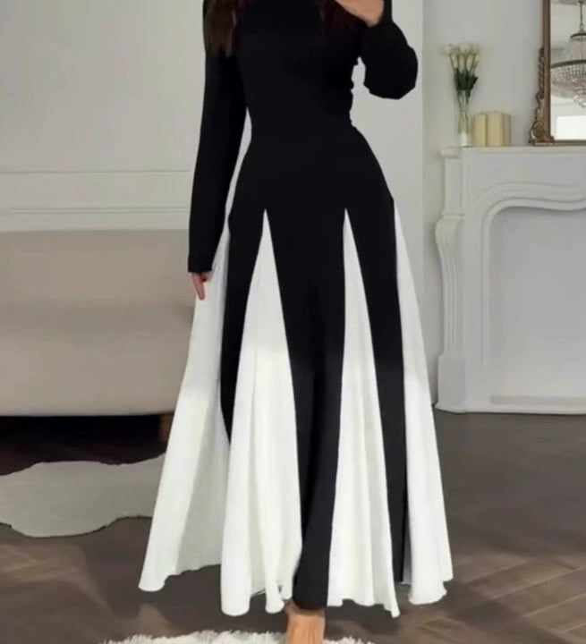 Elegancka czarno-biała sukienka maxi z okrągłym dekoltem i długim rękawem