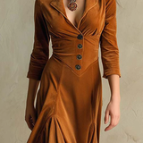 Brązowa Elegancka Retro Sukienka z Aksamitnym Kołnierzem