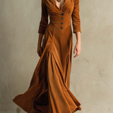 Brązowa Elegancka Retro Sukienka z Aksamitnym Kołnierzem
