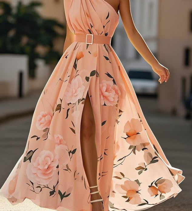 Jasnozielona Kwiatowa Sukienka Maxi Chiffon z Rękawem na Jedno Ramie