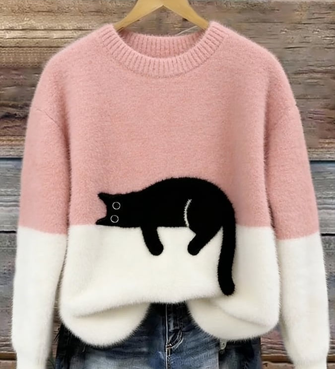 Inez | Sweter z Motywem Kota z Mieszanki Welny