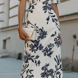 Sukienka midi z krótkim rękawem w print botaniczny