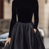 Elegancka Czarna Sukienka Midi z Aksamitą i Satyną