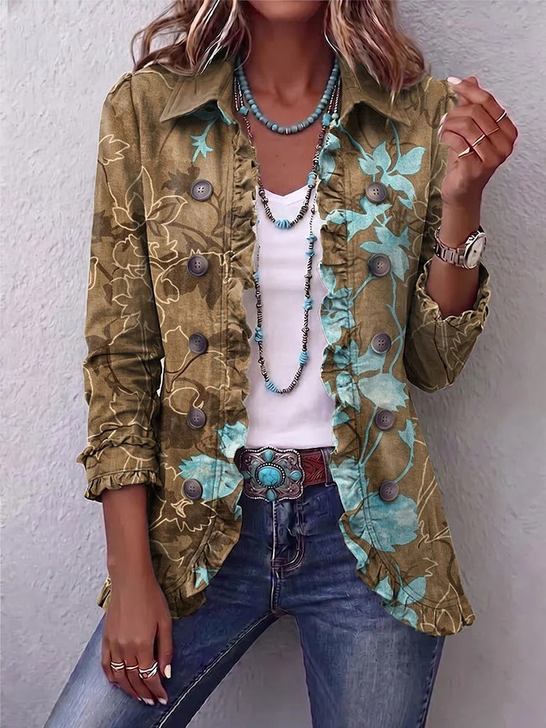 Sandra | Żakiet Boho Vintage z Falbankami i Cieniowanym Nadrukiem Kwiatowym