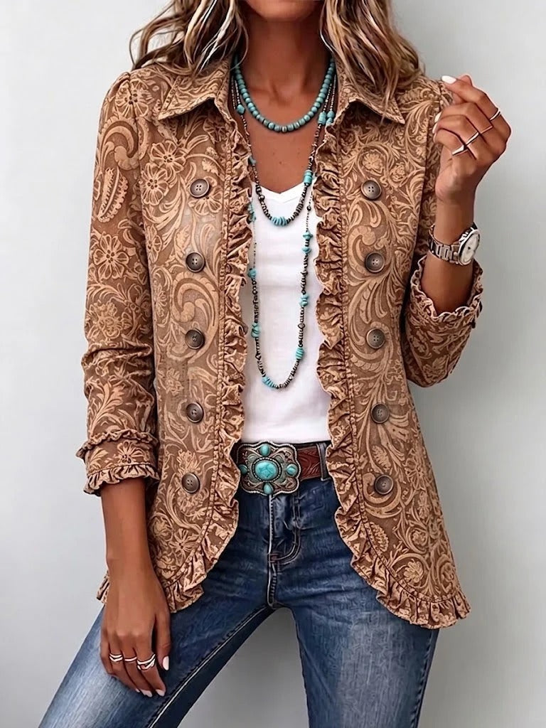 Victoria | Żakiet Boho Vintage z Kwiatowym Nadrukiem i Falbankami