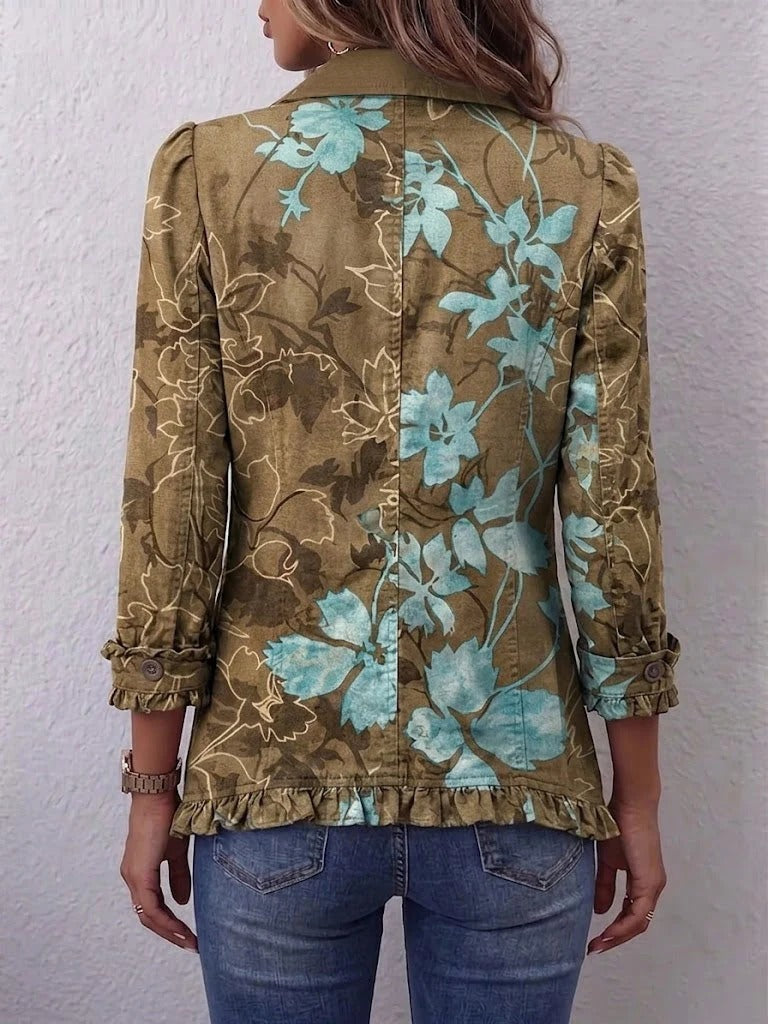 Sandra | Żakiet Boho Vintage z Falbankami i Cieniowanym Nadrukiem Kwiatowym