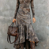 Vintage Polyester Flare Hem Midi Dress（Includes belt）