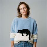 Inez | Sweter z Motywem Kota z Mieszanki Welny